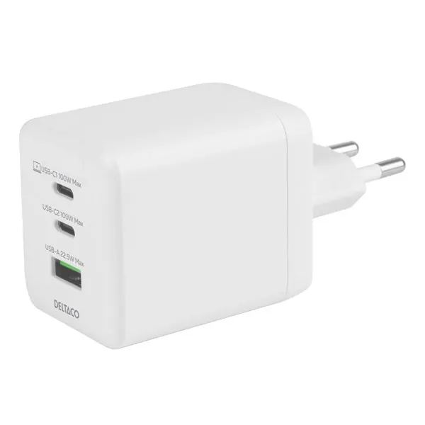 Deltaco USB GaN Wall Charger 100 W | 1x USB-A | 2x USB-C | PPS | White