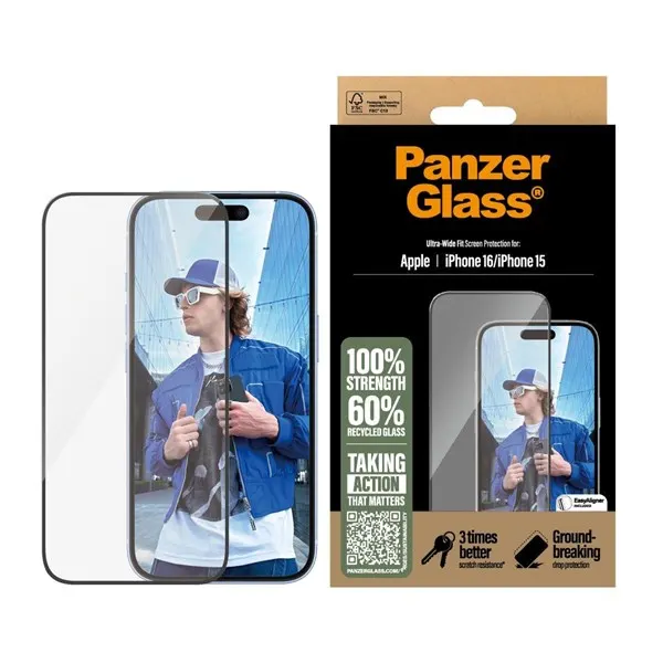 PanzerGlass Screen Protector iPhone 16 | 15 | Ultra-Wide Fit