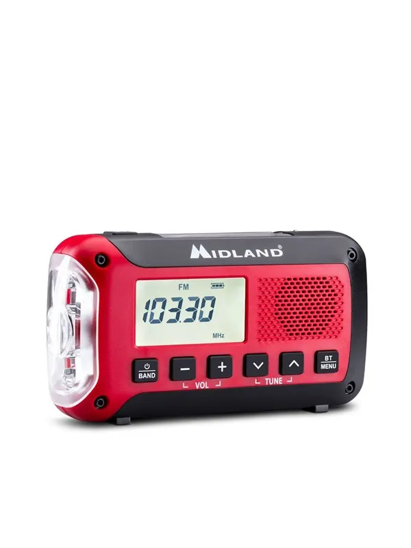 MIDLAND ER250 BT Emergency Bluetooth Radio - Solar - Dynamo - 130 Lumens Flashlight - 2600mAh Powerbank - AM/FM - Mono - Röd