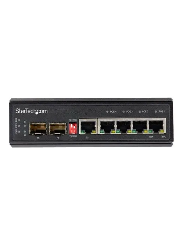 StarTech.com Industrial 5 Port Gigabit Ethernet Switch - 4 PoE RJ45 +2 SFP Slots 30W PoE+ 12-48VDC 10/100/1000 Rugged Power Over Ethernet LAN Switch -40C to 75C - DIN Mountable - switch - 6 ports