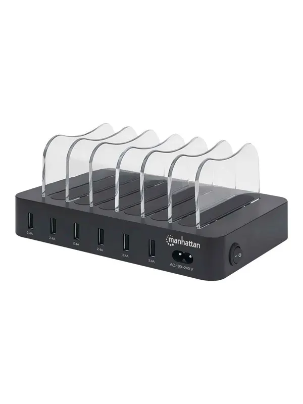 IC INTRACOM Manhattan Charging Station 6x USB-A Ports Outputs: 6x 2.4A Smart IC LED Indicator Lights Black Three Year Warranty Box