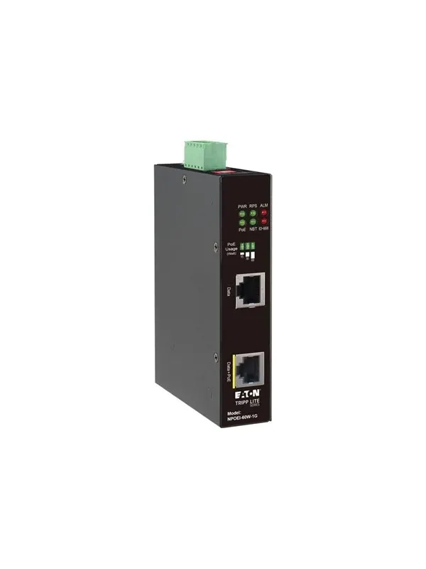 Tripp Lite Eaton  Series Industrial Gigabit Ethernet PoE injector 60W PoE++ 802.3bt Midspan -40C to +75C IP30 housing Dual 24~57VDC  DIN rail 1 Port