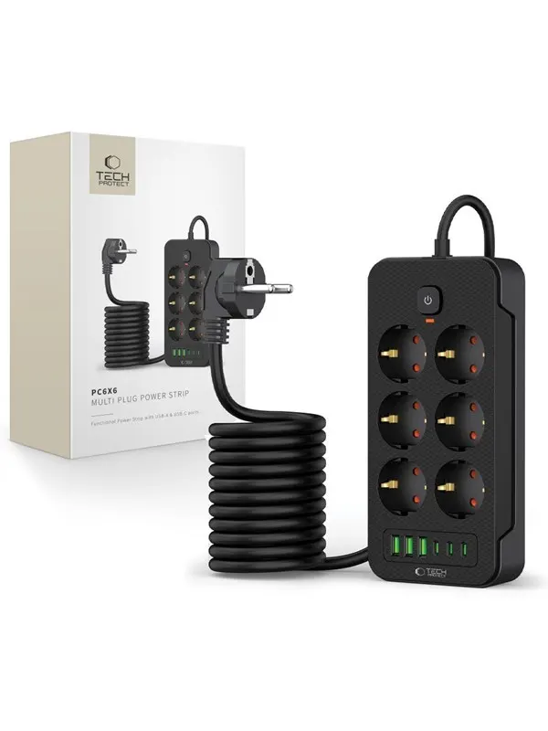 Tech-Protect Power Strip PC6X6 6 Sockets 240V + 3xUSB-A + 3xUSB-C 200cm - Black