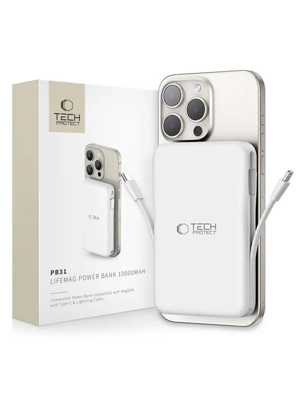 Tech-Protect LifeMag PB31 Power Bank with MagSafe 10000mAh 15W USB-C / USB-A / Built-in USB-C / Lightning Cables - White - 10000 mAh