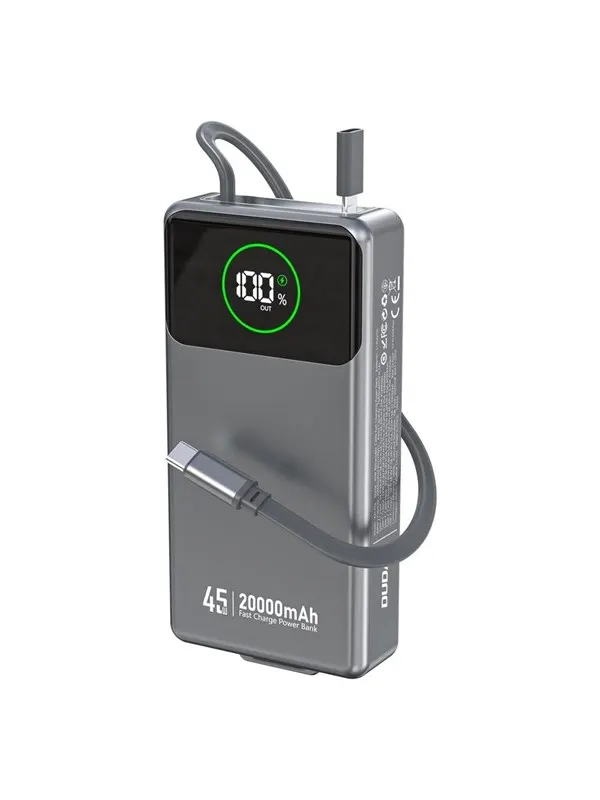 Dudao K31 Pro 45W 20000mAh Power Bank with Built-in Retractable USB-C Cable - Gray - 20000 mAh