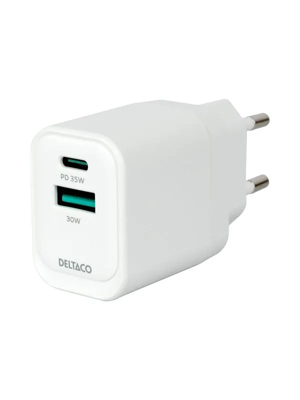 Deltaco USB GaN Wall Charger PD 35W | 1x USB-A | 1x USB-C | PPS + Samsung SFC 25W | White