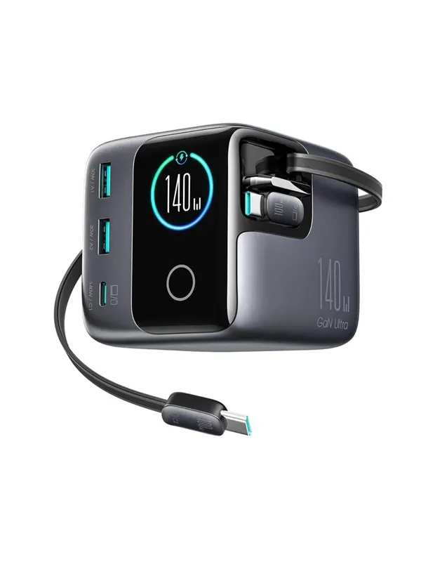 Joyroom Podix JR-TRD01 GaN 140W Desktop Charger with 5 Ports and Dual Retractable Cables - Gray