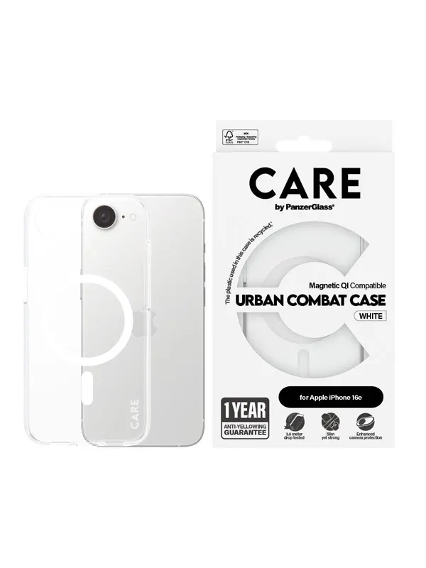 CARE by PanzerGlass Urban Combat Case Transparent w. White Qi Compatible iPhone 17e | 16e