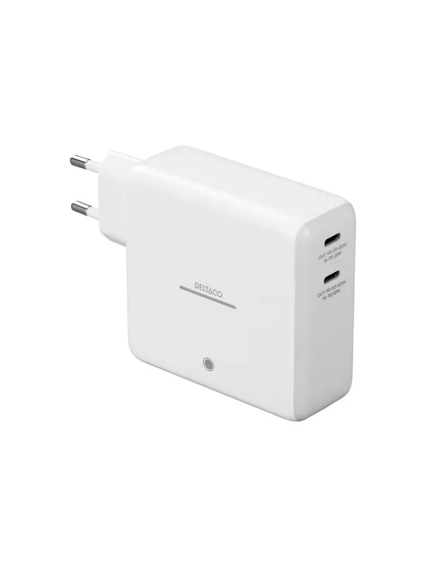 Deltaco USB-C GaN Wall Charger 60W w/ Built-in Powerbank | 9600 mAh | 2x USB-C | PPS | White