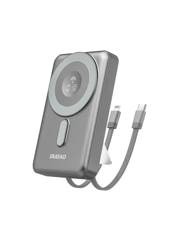 Dudao K29 10000mAh PD 20W MagSafe Power Bank with Metal Case Stand and Built-in USB-C/ Lightning Cables - Gray - 10000 mAh