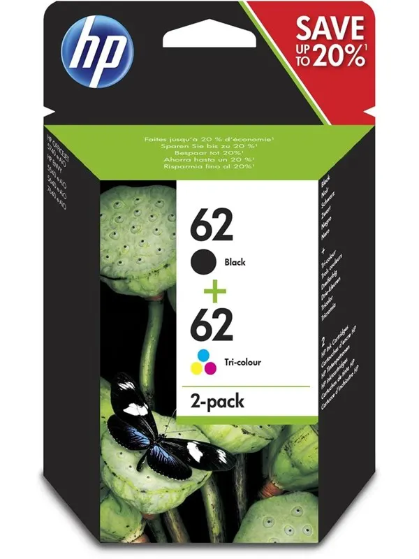 HP 62 / N9J71AE 2-Pack (Cyan Magenta Yellow) Pigmwnted Black Ink