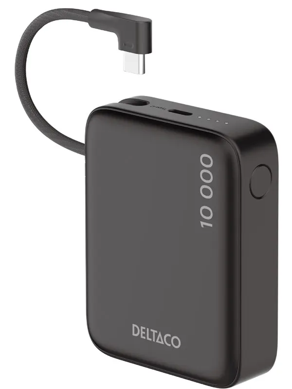 Deltaco PB-CC101 Powerbank | Built-in fabric USB-C cable 20W + 1x USB-C Port | Black - 10000 mAh