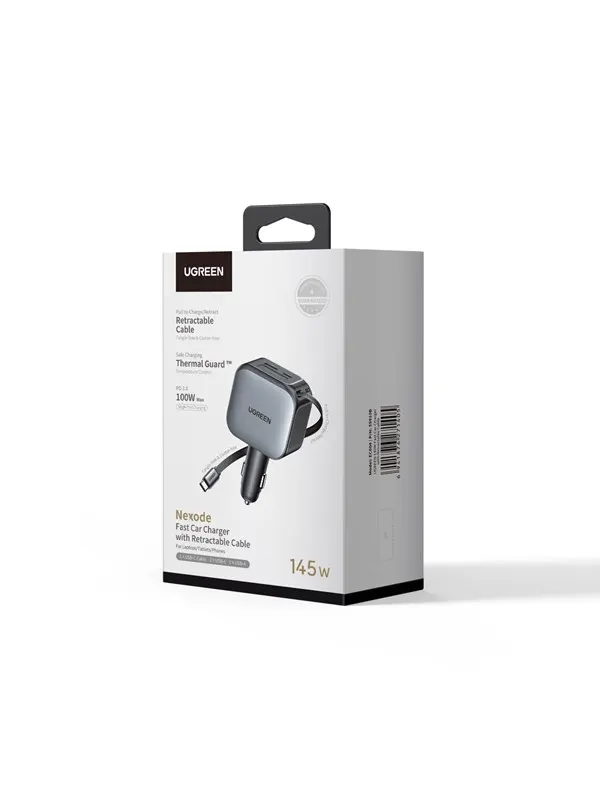 UGREEN 145 W Fast Car Charger with Retractable Cable