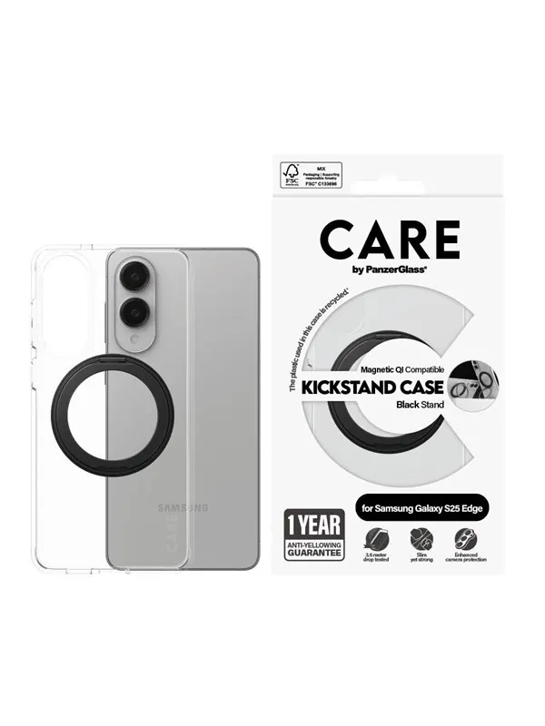 CARE by PanzerGlass Feature Case Transparent w. Black Kickstand & Qi Compatible Samsung S25 Edge
