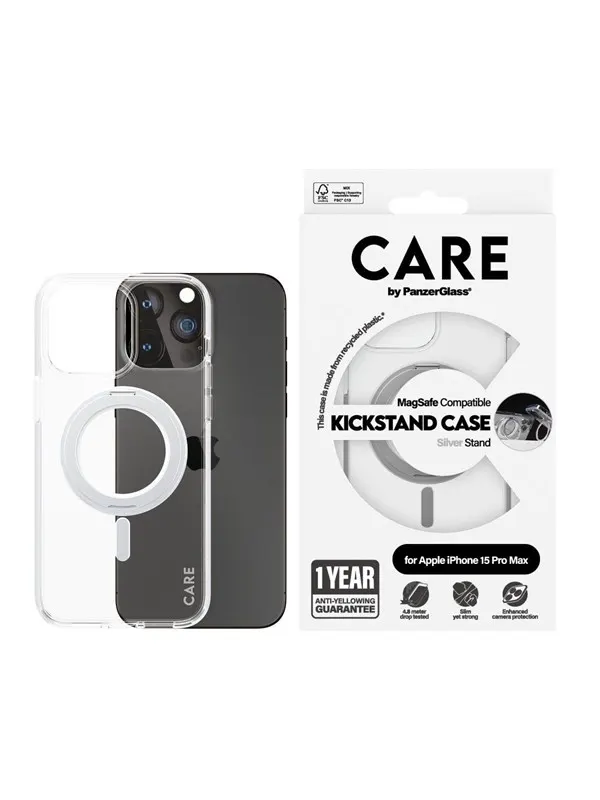 CARE by PanzerGlass Feature Case Transparent w. Silver Kickstand & MagSafe iPhone 15 Plus