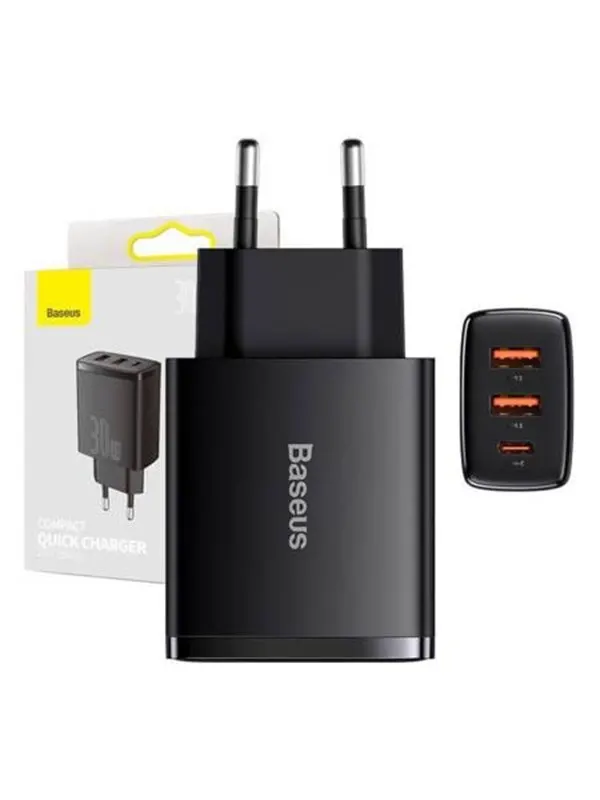 Baseus Compact Quick Charger 2 × USB-A + USB-C PD 3 A 30 W - Black