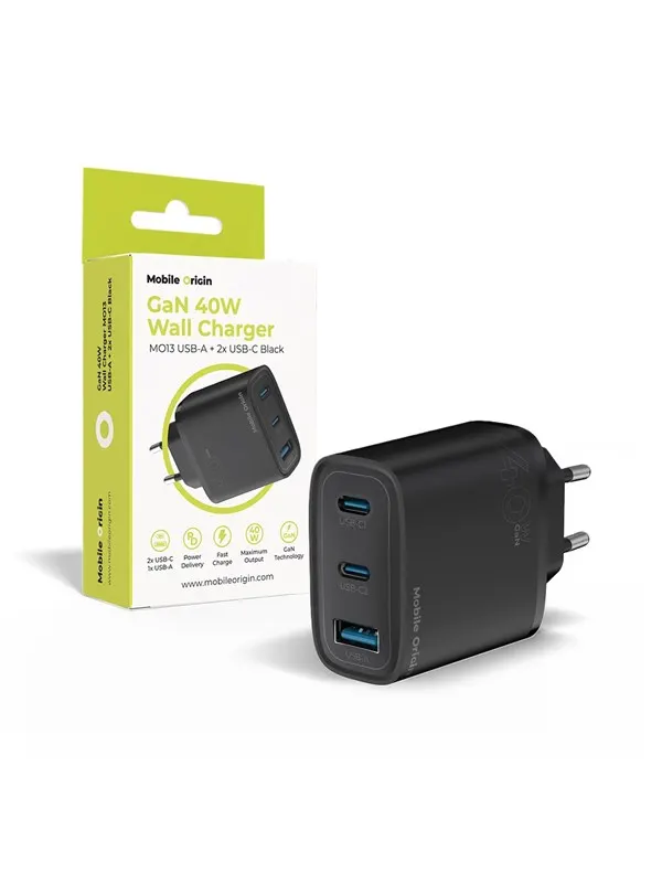 Mobile Origin GaN 40W Wall Charger MO13 - black - 1 USB-A + 2 USB-C