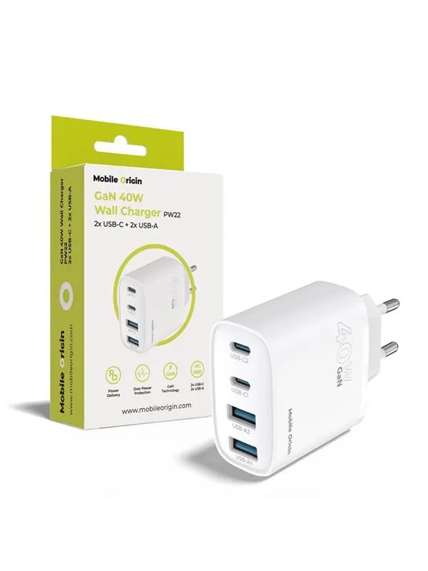 Mobile Origin 40W GaN Wall Charger PW22 - 2x USB-C + 2x USB-A