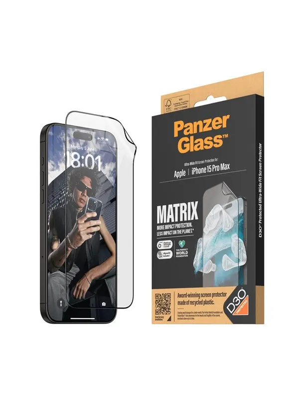 PanzerGlass MATRIX Screen Protector with D3O iPhone 15 Pro Max | Ultra-Wide Fit w. AlignerKit