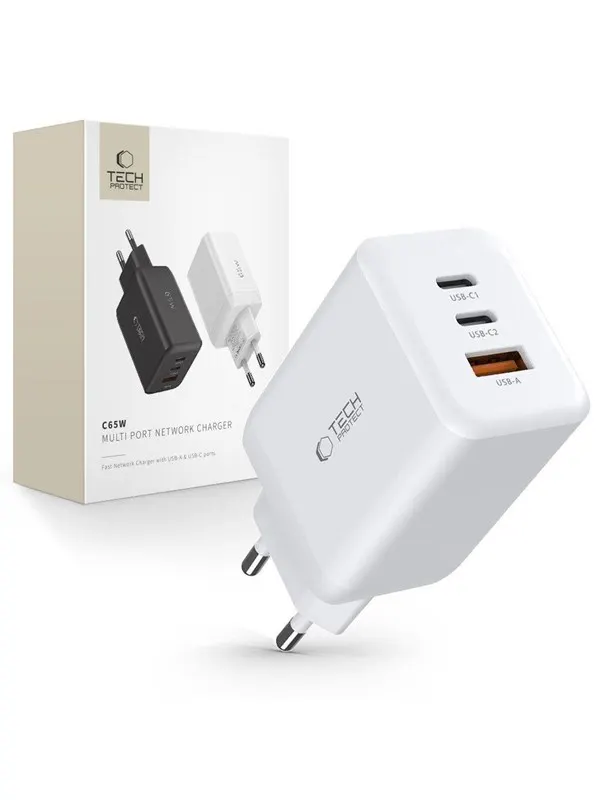 Tech-Protect C65W AC Charger 2x USB-C PD 65W / USB-A QC 3.0 - White