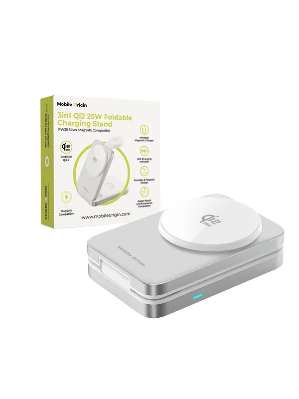 Mobile Origin 3in1 Qi2 25W Foldable Charging Stand PW35.MagSafe Compatible - Silver