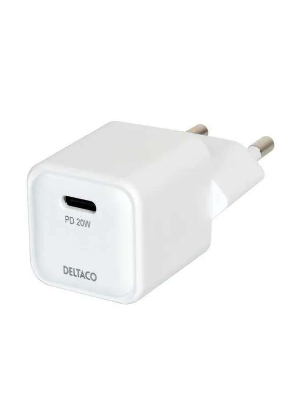 Deltaco USB-C mini wall charger 1x USB-C PD 20 W white