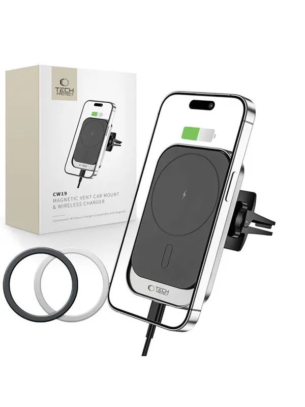 Tech-Protect CW19 Car Magnetic MagSafe Holder with 15W Inductive Charger for Ventilation Grille - Black