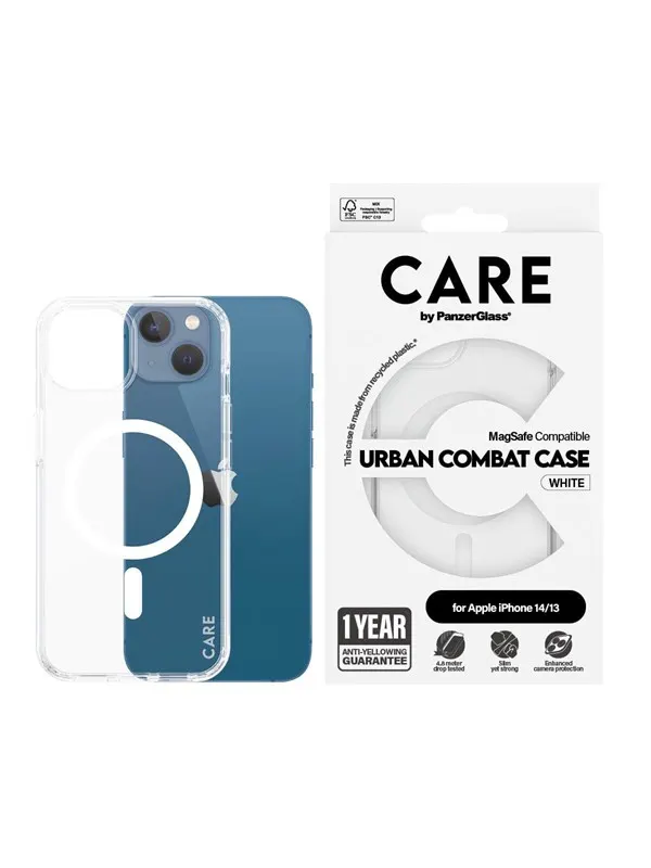 CARE by PanzerGlass Flagship Case Transparent Urban Combat w. White MagSafe iPhone 14 | 13