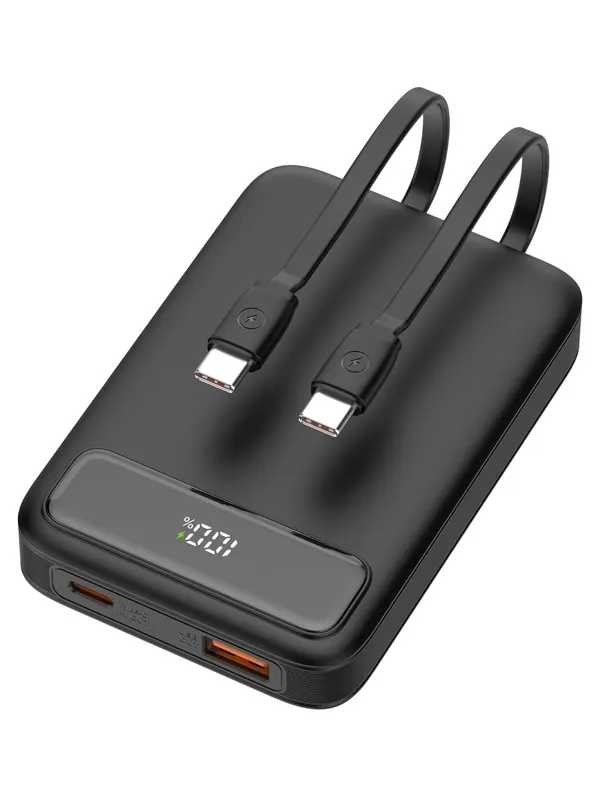 Deltaco PB-CC100 Powerbank | 2x USB-C cables built-in | 1x USB-A &amp; 1x USB-C Ports | PD | Black - 10000 mAh