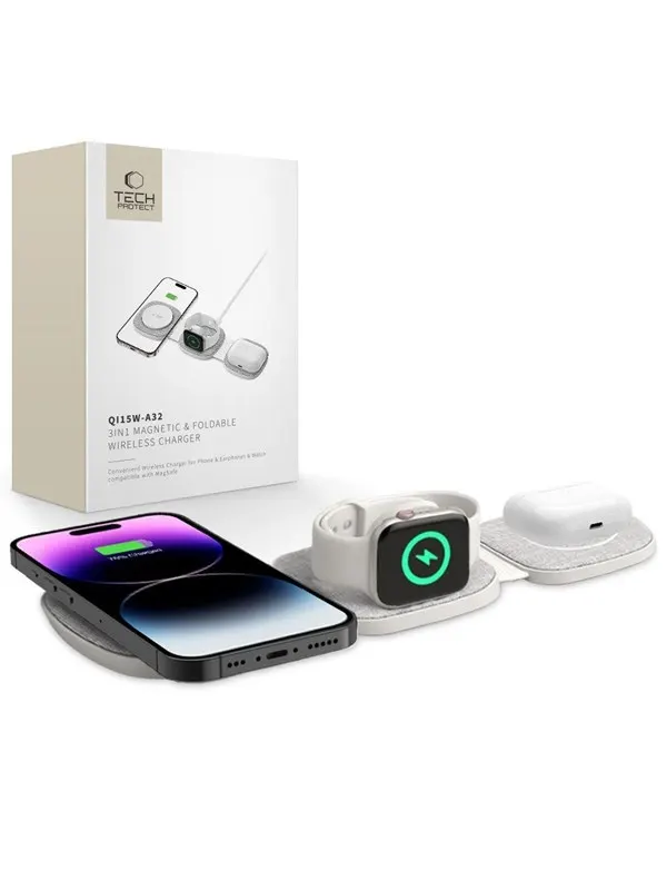 Tech-Protect QI15W-A32 3in1 Inductive Charger with MagSafe for Smartphone / Apple Watch / AirPods - Grey
