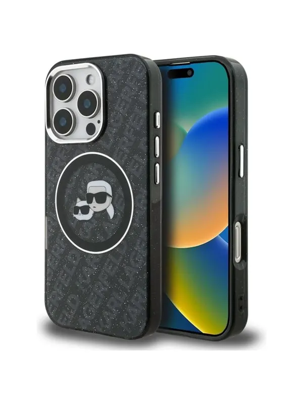 Karl Lagerfeld IML Glitter Karl &amp; Choupette Heads Logo MagSafe Case for iPhone 16 Pro Max - Black