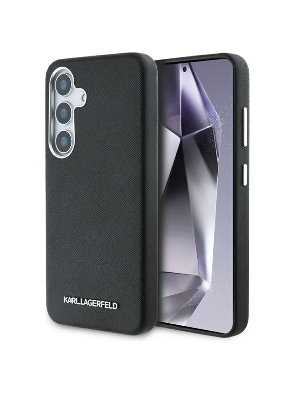 Karl Lagerfeld Saffiano Full Wrapped Elongated Metal Logo MagSafe Case for Samsung Galaxy S25+ - Black