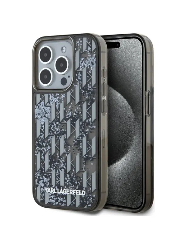 Karl Lagerfeld Liquide Glitter Monogram Gradient iPhone 15 Pro Max Case - Black