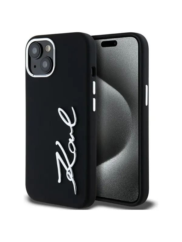 Karl Lagerfeld Silicone Metal Script Logo iPhone 15 Case - Black