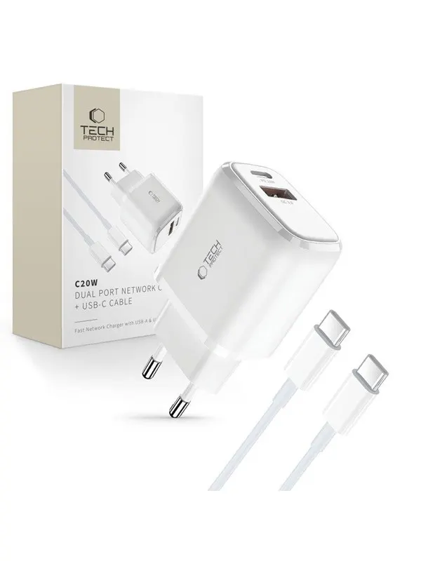 Tech-Protect C20W USB-C PD 20W / USB-A QC 3.0 Network Charger with USB-C / USB-C Cable - White