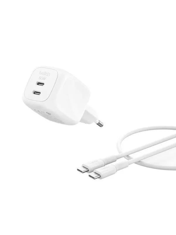 Belkin BoostCharge 50W Dual USB-C PD Wall Charger w/ PPS WHT w 1m USB-C-C Cabl