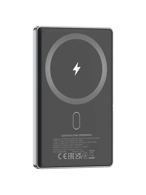 Canyon OnPower 505 MagSafe Powerbank 5000mAh, Grå - 5000 mAh
