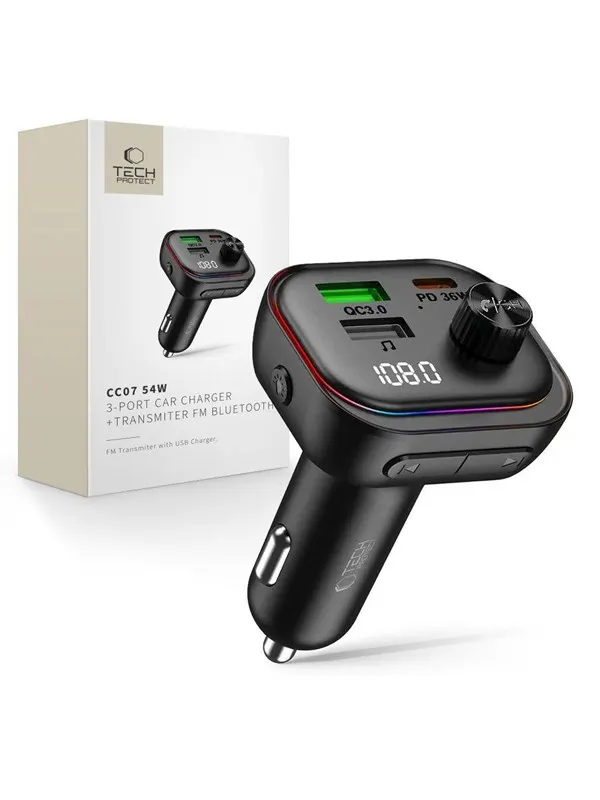 Tech-Protect CC07 Car Charger 3-Ports PD 54W + Bluetooth FM Transmitter - Black