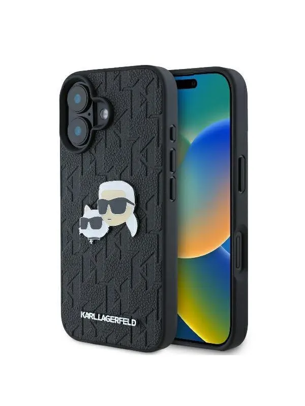 Karl Lagerfeld Monogram Karl & Choupette Head Pin iPhone 16 Case - Black