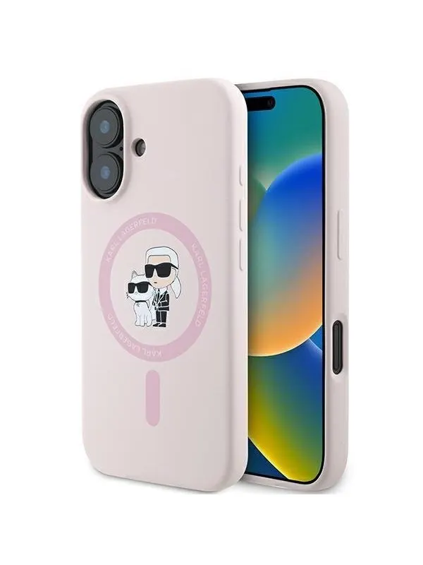 Karl Lagerfeld Silicone Karl&Choupette Heads Ring MagSafe Case for iPhone 16 Plus - Pink