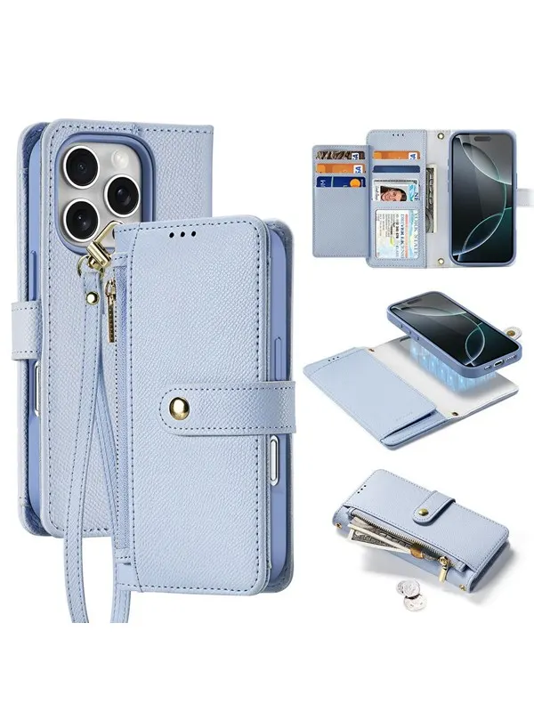 Dux Ducis Lava Leather Case for iPhone 16 Pro Max with Detachable Magnetic Wallet - Cyan