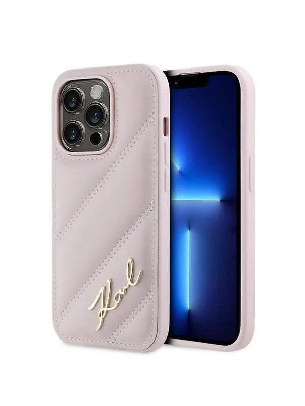 Karl Lagerfeld Diagonal Quilted Script case for iPhone 14 Pro Max - pink