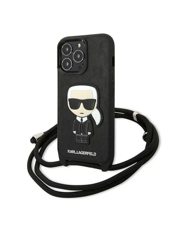 Karl Lagerfeld Leather Monogram Patch and Cord Iconik Case for iPhone 13 Pro / 13 - Black