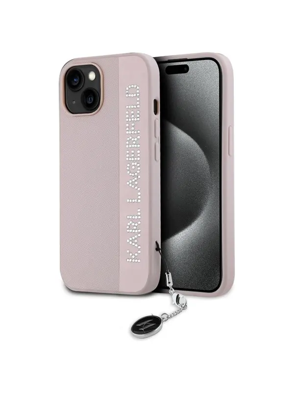 Karl Lagerfeld Saffiano Rhinestones &amp; Charm case for iPhone 15 / 14 / 13 - pink