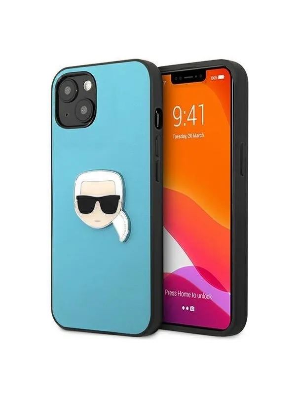Karl Lagerfeld Leather Ikonik Karl's Head Metal Case for iPhone 13 mini - Blue