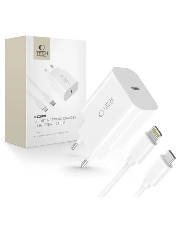 Tech-Protect NC20W AC Charger with USB-C / Lighting Cable 100 cm - White