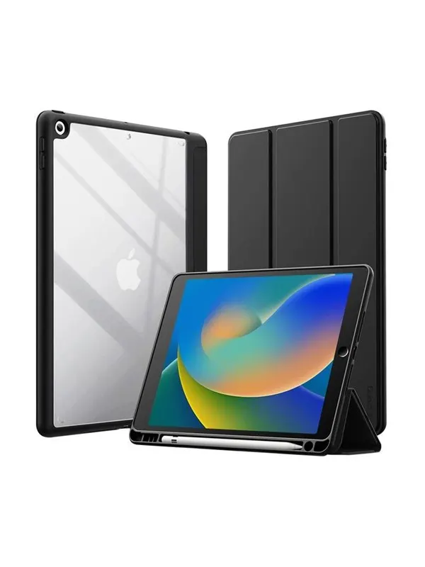 CRONG PrimeFolio - iPad 10.2" (2021-2019) Case with Stand and Apple Pencil Storage - Black/Clear