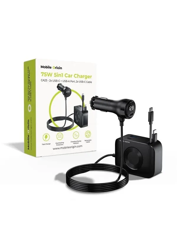Mobile Origin 75W 5in1 Car Charger CA23 - 2x USB-C + USB-A Port - 2x USB-C Cable