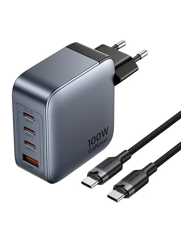 Vention Power Charger 3x USB-C 1x USB-A 100W with 1m USB-C Cable - Grey/Black