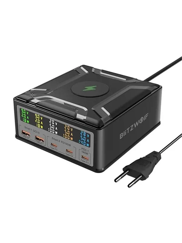 BlitzWolf BW-S28 260W 2xUSB-A 3xUSB-C 15W wireless charger (black)